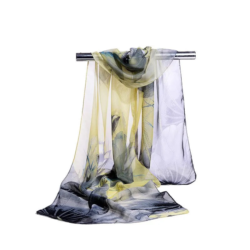 Fashion Print Silk Chiffon Scarf with Floral and Striped Designs - Multiple Colors