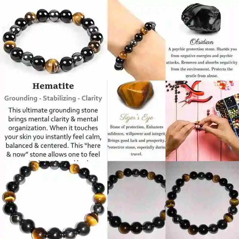 Natural Obsidian Hematite Tiger Eye Beads Bracelet for Magnetic Health & Protection - Men & Women