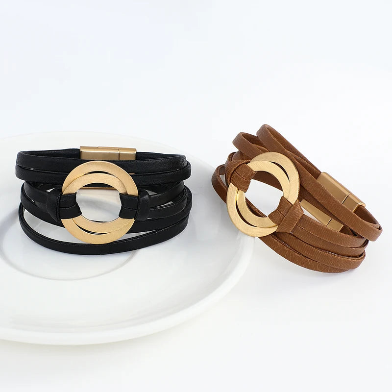 Boho Genuine Leather Wrap Bracelet for Women & Men with Hollow Circle Charm