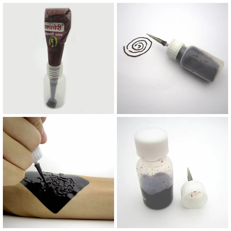 Professional Henna Bottle Set for Tattoo Stencil & Body Paint - Nozzles Included