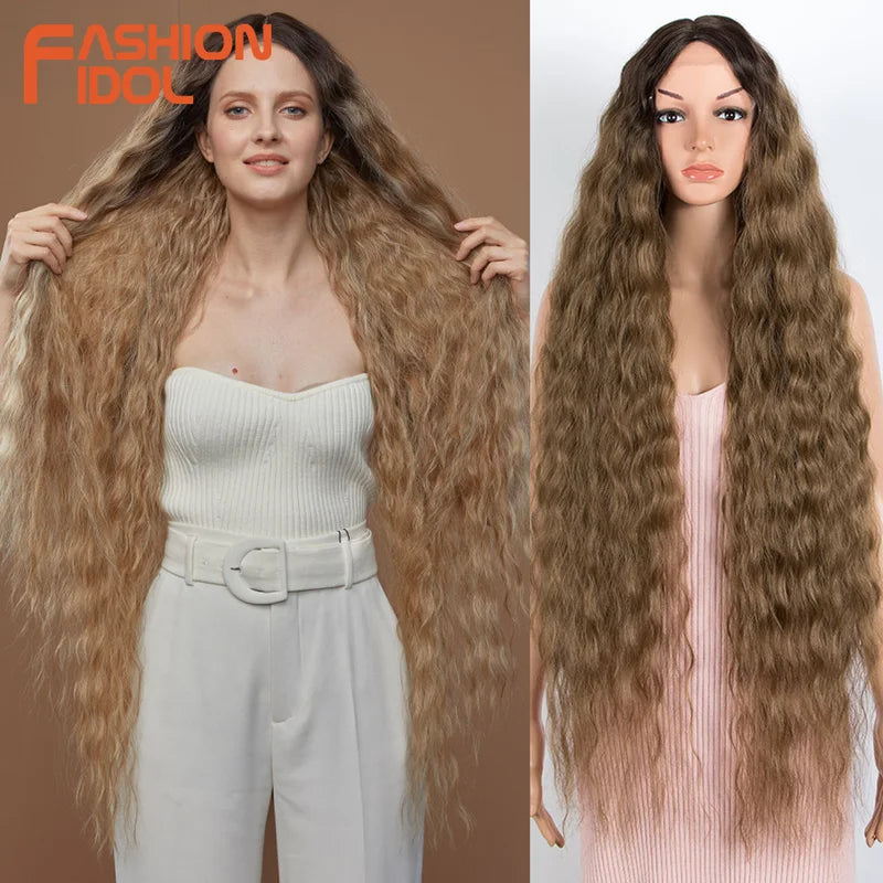 Long Curly Water Wave Wig for Women - Ombré Brown, 42 Inch Heat-Resistant Synthetic Hair, Lace Front Cosplay Wig