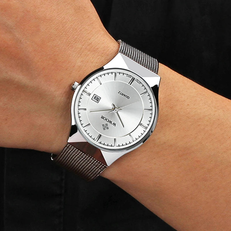 Men's Ultra Thin Quartz Waterproof Mesh Steel Watch - Business Wristwatch with Date