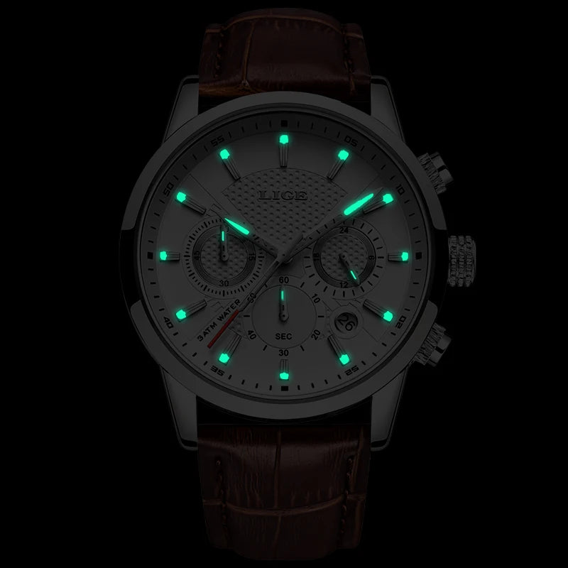Men's Sports Quartz Watch with Leather Strap Waterproof Date