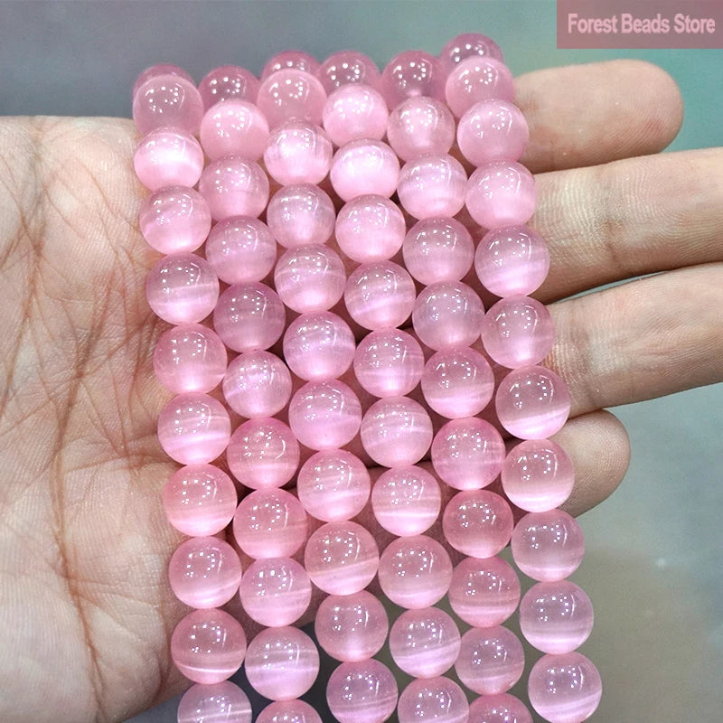 Pink Cat Eye Beads 6mm-10mm Smooth Opal Round Loose Beads for Jewelry Making - 15 Inch Strand