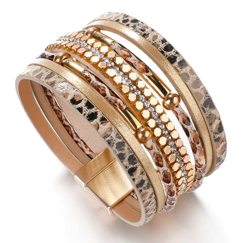 Multilayer Crystal Snake Skin Leather Bracelet for Women Bohemian Party Jewelry