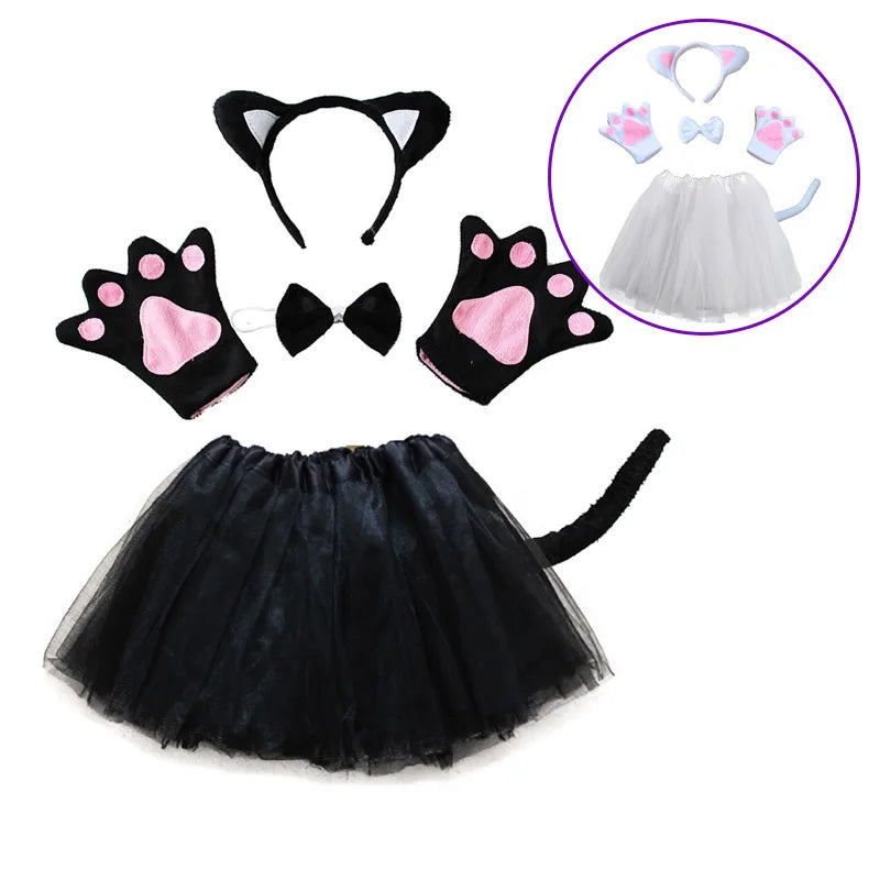 Cat Ear Cosplay Headband Tutu Skirt Tail Gloves Set for Halloween Carnival Birthday