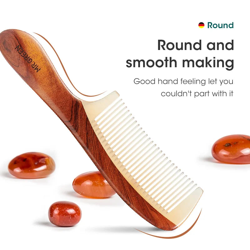 Natural Wood Hair Comb with Horn Splicing, Anti-Static, Massage & Acupuncture Points