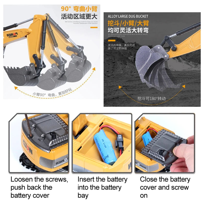 Remote Control Excavator Toy 2.4GHz 6 Channel Construction Vehicle for Kids