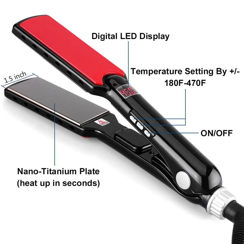 Professional Titanium Flat Iron Hair Straightener with Wide Plates & Digital Temp Control