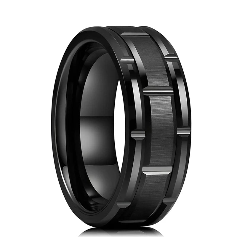 Men's Black Titanium Wedding Band Ring 8mm Double Groove Beveled Edge Stainless Steel