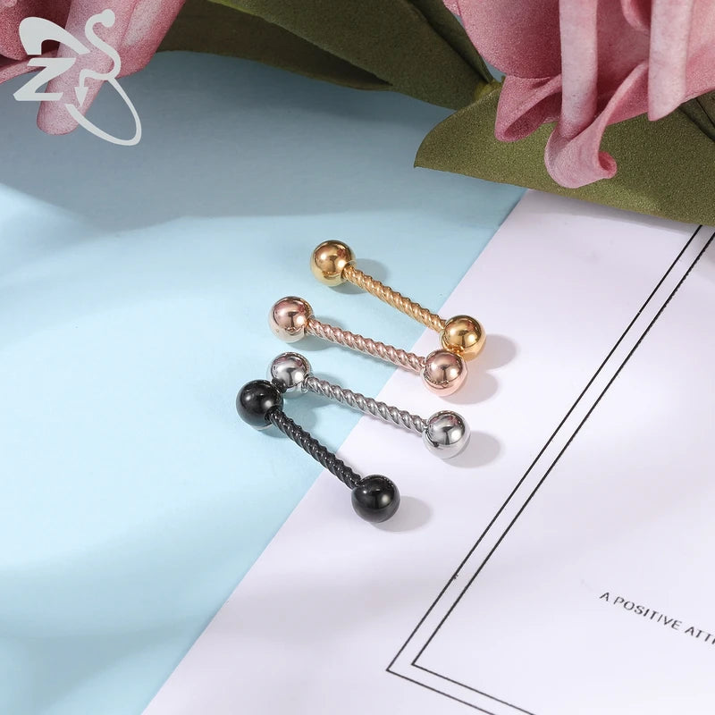 2PCS Stainless Steel Nipple Piercing Bar with Crystal Heart & Ring for Women