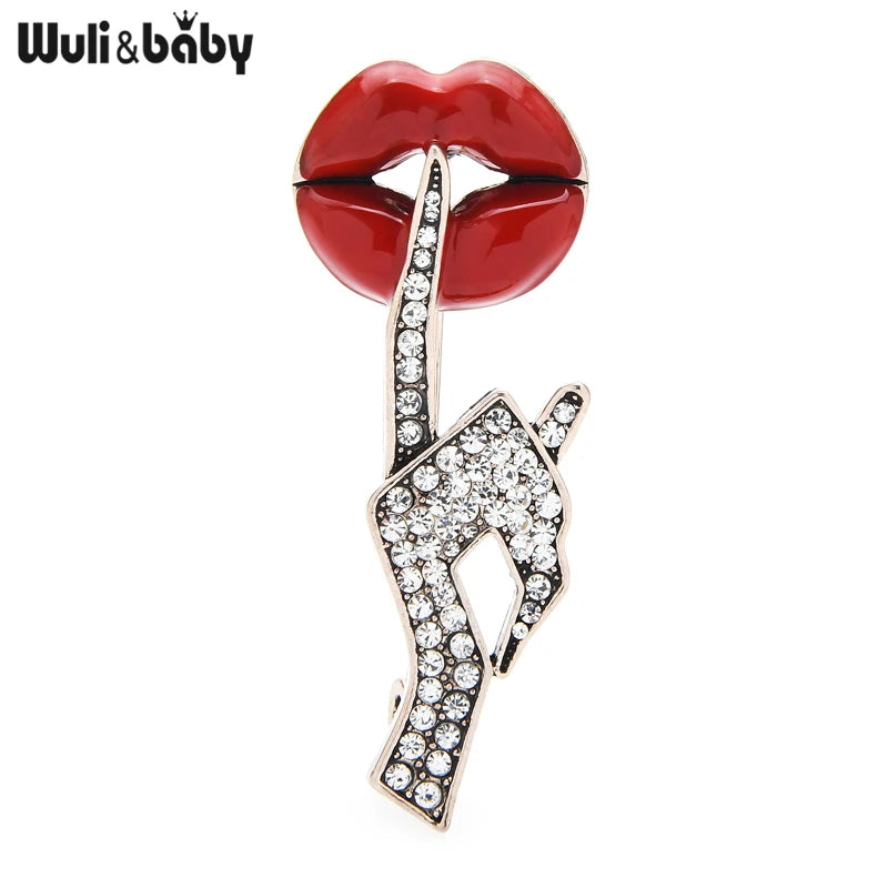 Women Hand Gesture Lip Brooch Pin - Red Enamel Jewelry Gift