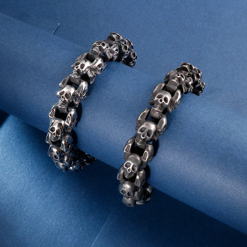 Men's Skull Chain Bracelet 12/15mm Punk Biker Silver Stainless Steel Jewelry