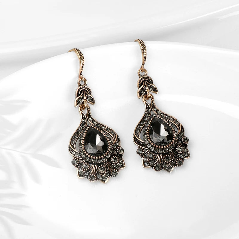 Luxury Gray Crystal Bridal Earrings for Women - Vintage Gold Drop Jewelry