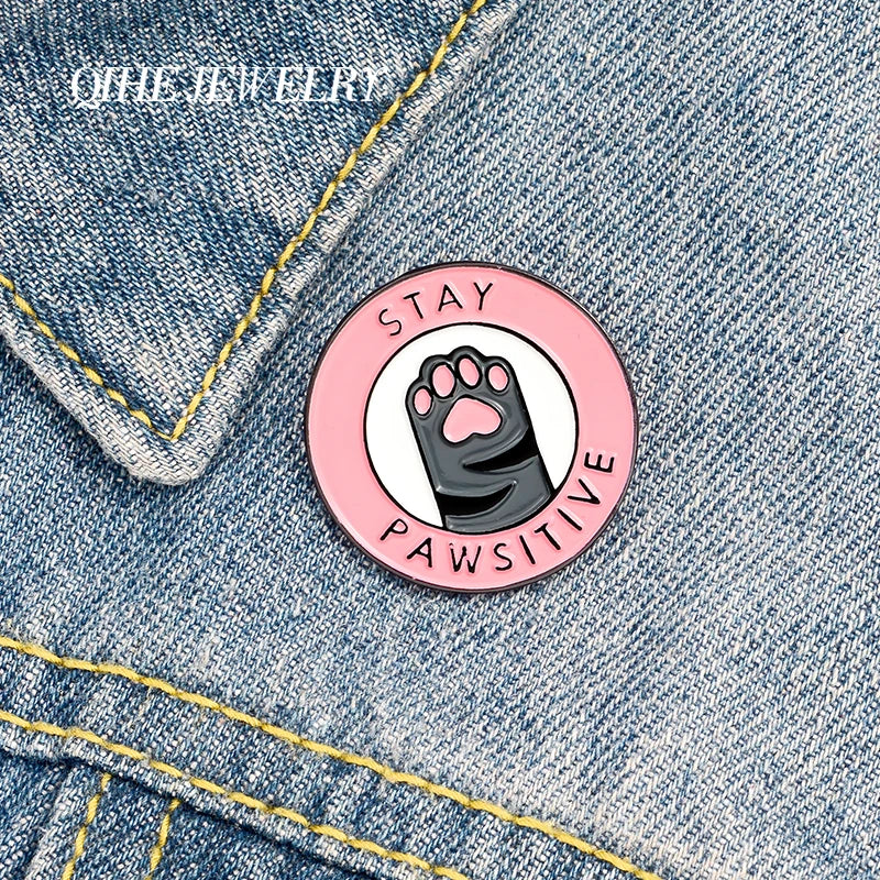 Pink Cat Paw Enamel Pins - Custom 'Stay Pawsitive' Brooches for Jewelry & Gifts