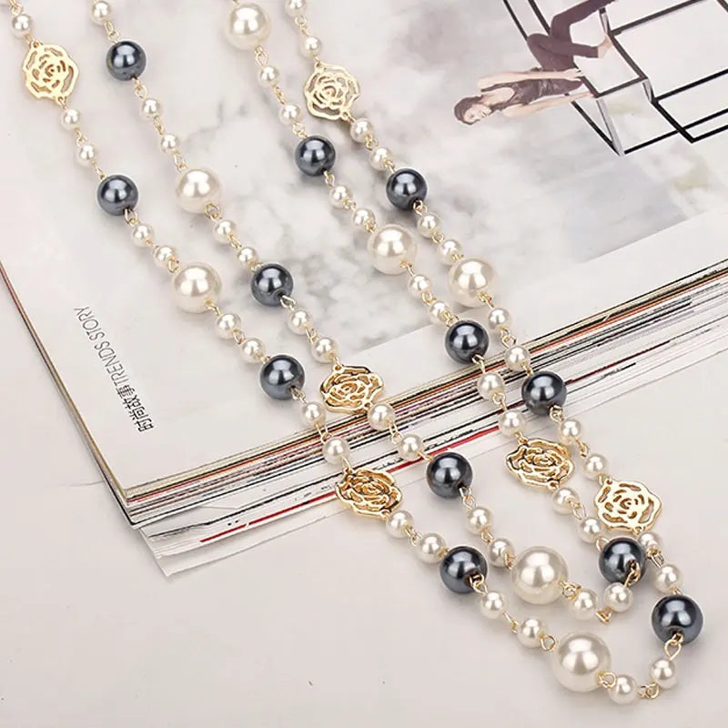 Long Pearl Necklace for Women Double Layer Camellia Flower Chain Jewelry