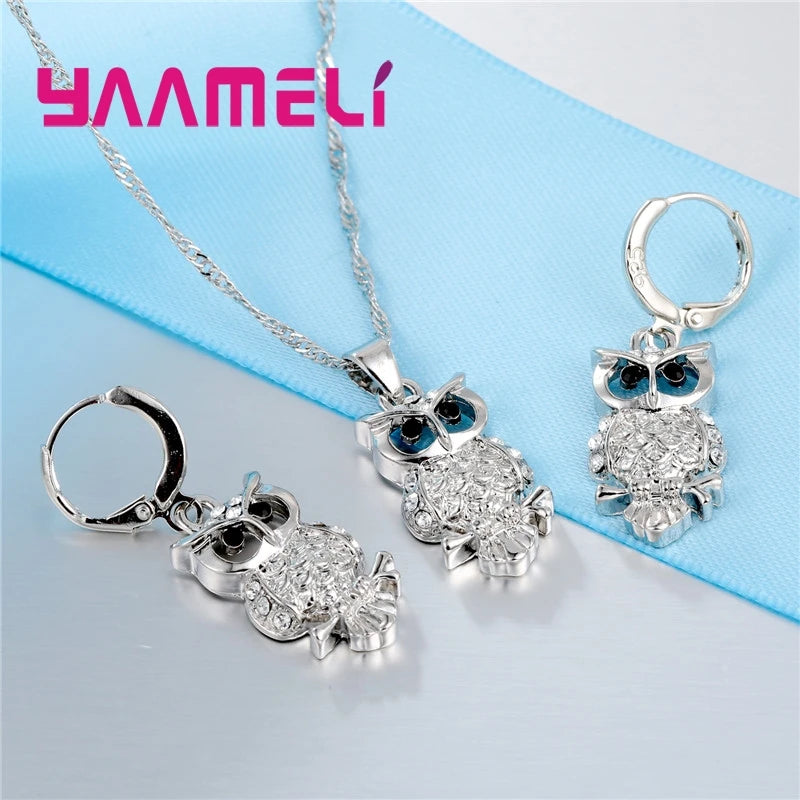 African Crystal Owl Pendant Necklace Earrings Set in Sterling Silver for Women