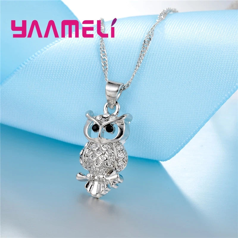 African Crystal Owl Pendant Necklace Earrings Set in Sterling Silver for Women
