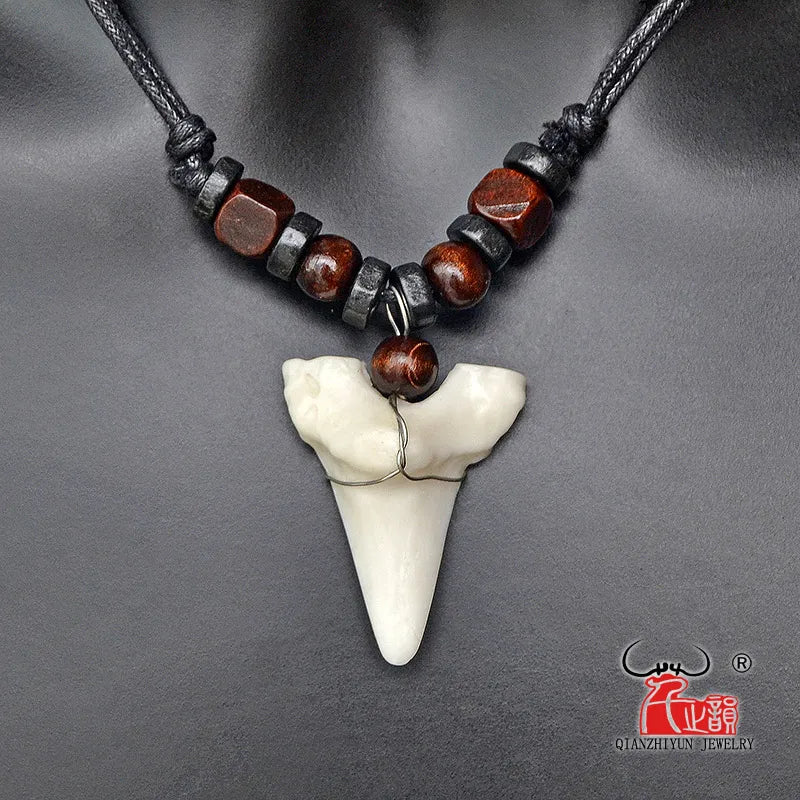 Hawaii Surfer Jewelry Pendant Necklace with Imitation Shark Teeth Tribal Bone Charm Adjustable Chain