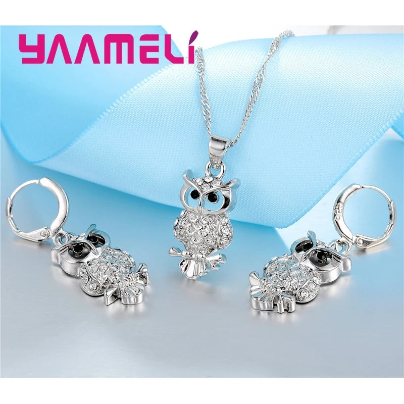 African Crystal Owl Pendant Necklace Earrings Set in Sterling Silver for Women