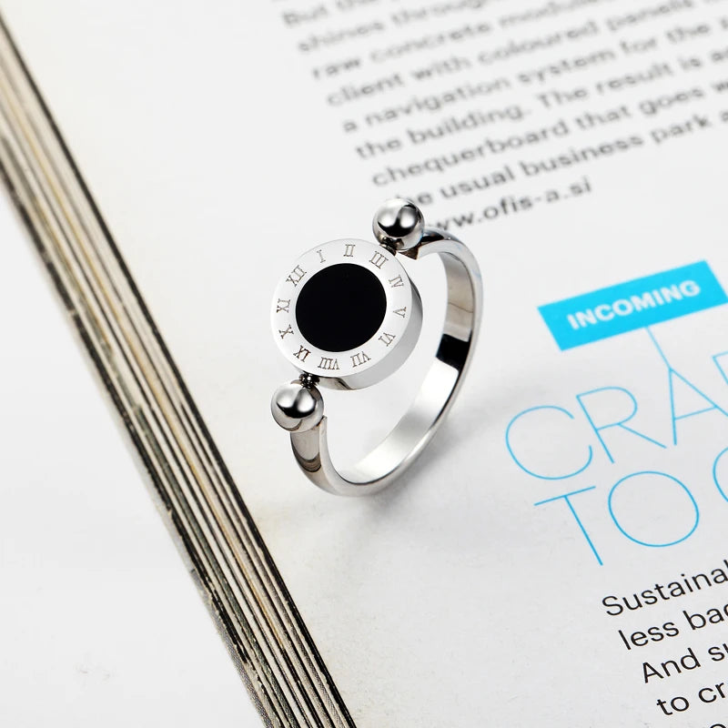 Elegant Rotatable Enamel and Shell Roman Numeral Woman Ring - Stainless Steel Jewelry