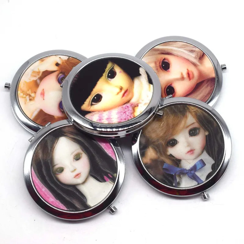 Mini Double-Sided Pocket Makeup Mirror - Cute Doll Design, Stainless Steel, Portable