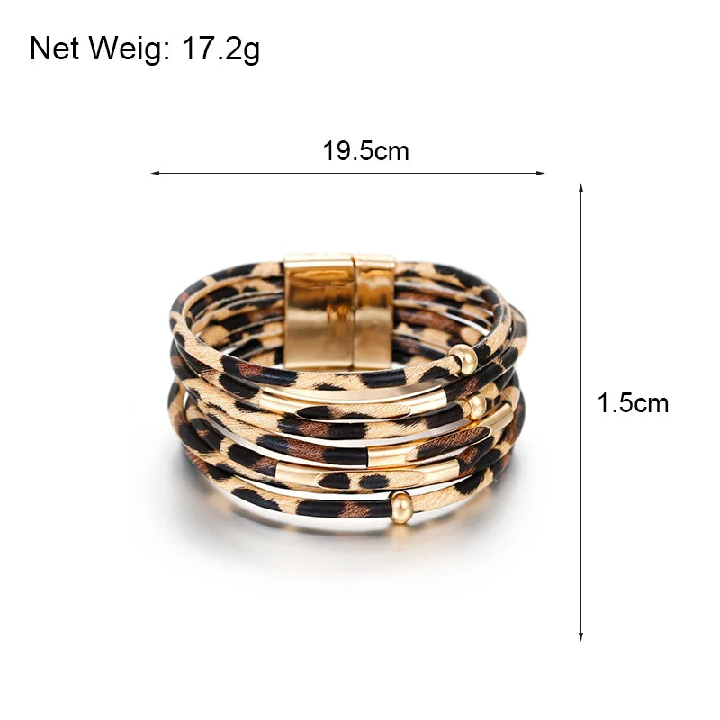 Leopard Leather Wrap Bracelet for Women Wide Boho Multi-Layer Jewelry