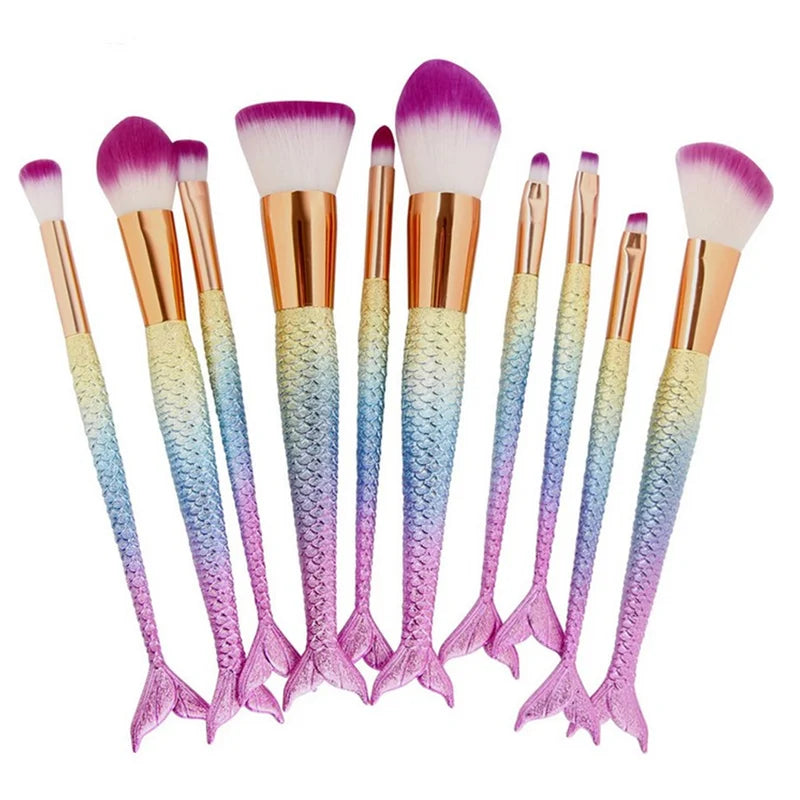 10 Pcs Makeup Brush Set with Cosmetic Tools for Face & Eyes - Black, Green, Red, Gray Handles