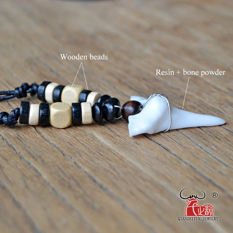 Hawaii Surfer Jewelry Pendant Necklace with Imitation Shark Teeth Tribal Bone Charm Adjustable Chain
