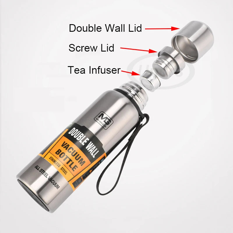 Insulated Stainless Steel Thermos Bottle with Rope Handle - Large Capacity Vacuum Flask