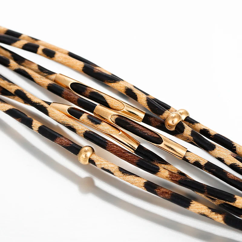 Leopard Leather Wrap Bracelet for Women Wide Boho Multi-Layer Jewelry