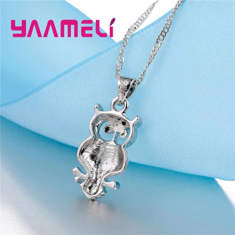 African Crystal Owl Pendant Necklace Earrings Set in Sterling Silver for Women