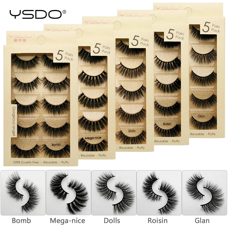 Dramatic & Natural Mink Strip False Eyelashes 5 Pairs, Reusable Makeup Lashes