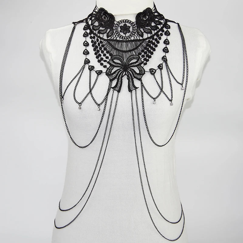 Black Lace Body Chain Jewelry for Women Gothic Costume Accessories Halloween