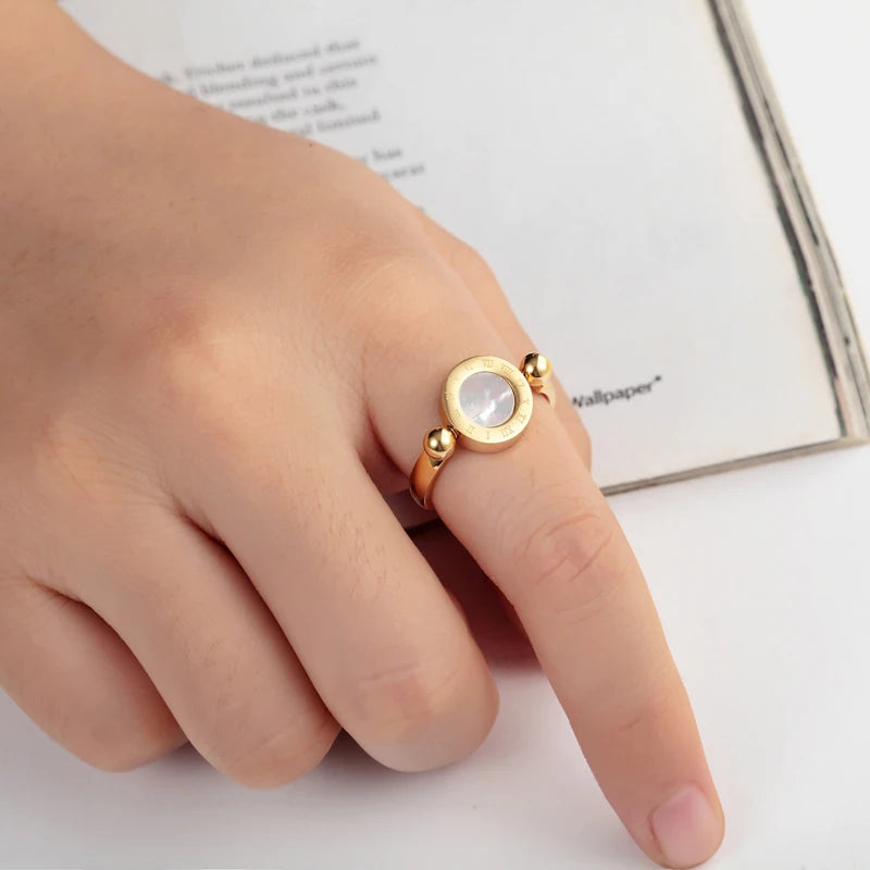 Elegant Rotatable Enamel and Shell Roman Numeral Woman Ring - Stainless Steel Jewelry