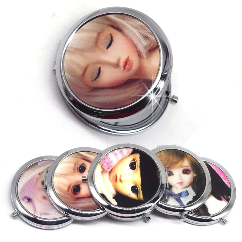 Mini Double-Sided Pocket Makeup Mirror - Cute Doll Design, Stainless Steel, Portable