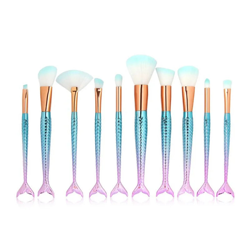 10 Pcs Makeup Brush Set with Cosmetic Tools for Face & Eyes - Black, Green, Red, Gray Handles