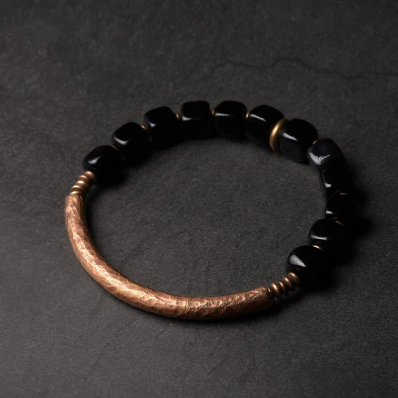 Unisex Obsidian and Copper Beaded Bracelet - Spiritual Protection Jewelry