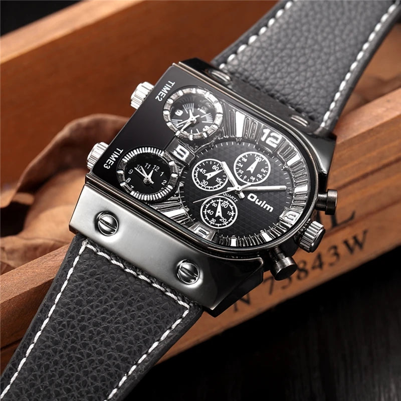 Men's Quartz Sports Watch with Leather Strap Multi-Time Zone Military Style