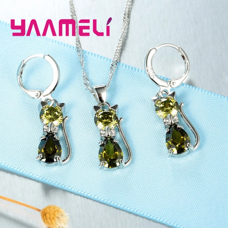 Sterling Silver Jewelry Set for Women and Girls with Cat Pendant and Earrings