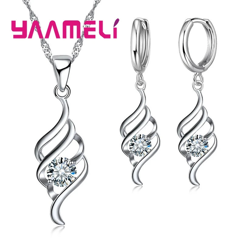 Sterling Silver Jewelry Set with Pendant Necklace and Hoop Earrings for Women