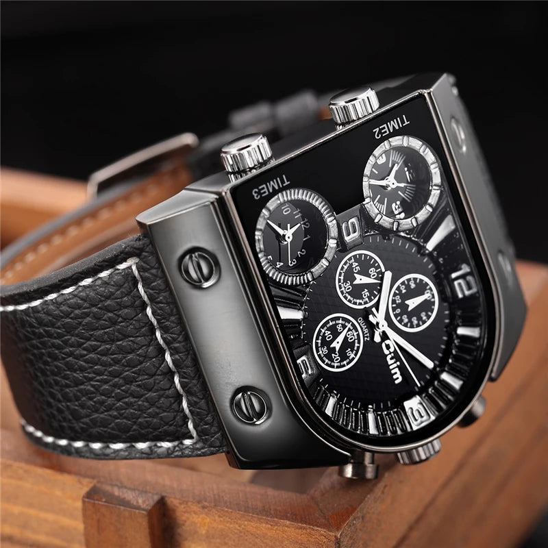 Men's Quartz Sports Watch with Leather Strap Multi-Time Zone Military Style