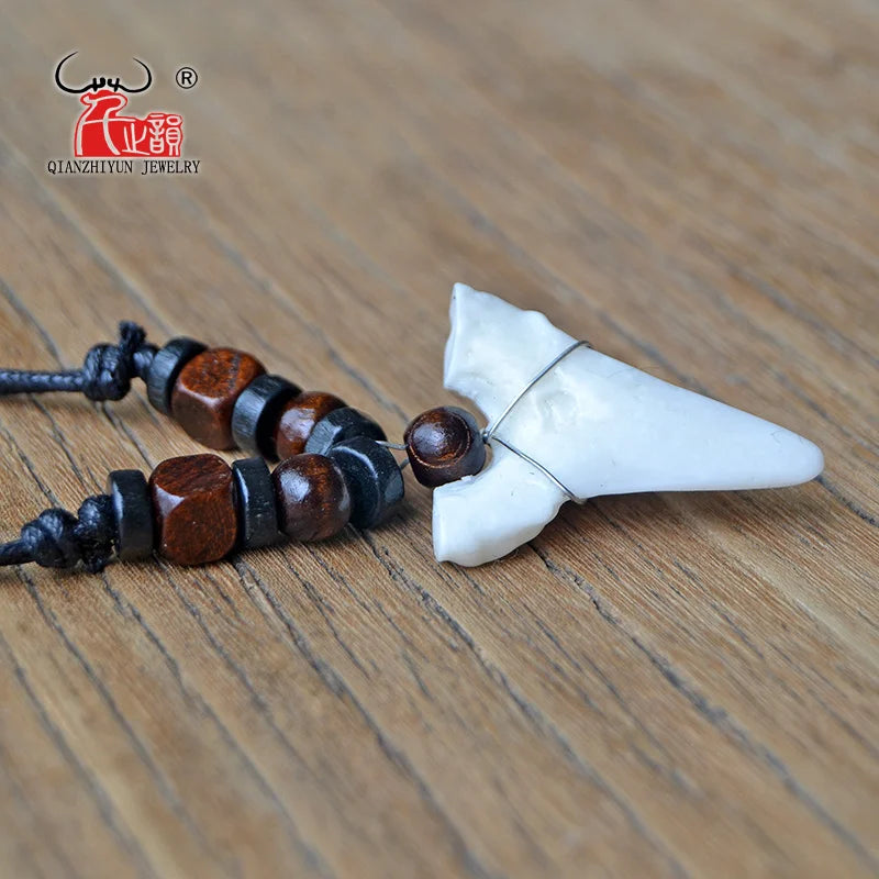Hawaii Surfer Jewelry Pendant Necklace with Imitation Shark Teeth Tribal Bone Charm Adjustable Chain