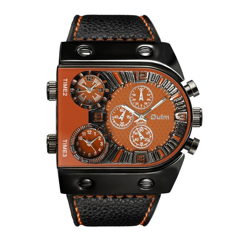 Men's Quartz Sports Watch with Leather Strap Multi-Time Zone Military Style