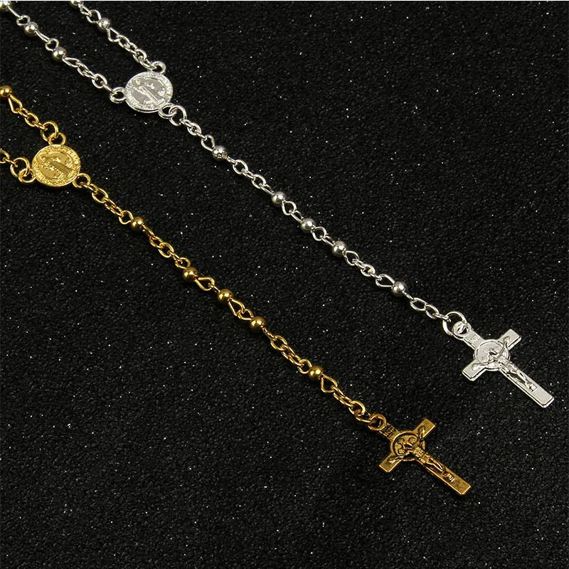 Religious Catholic Necklace with Cross Pendant Stainless Steel Beads Chain - Wholesale