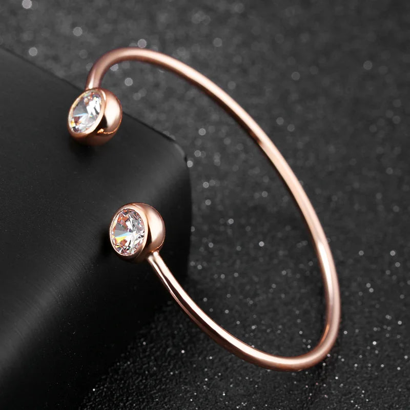Trendy Titanium Stainless Steel Open Bangle Bracelets for Women Girls - Gold Plated Cubic Zirconia Cuff Jewelry