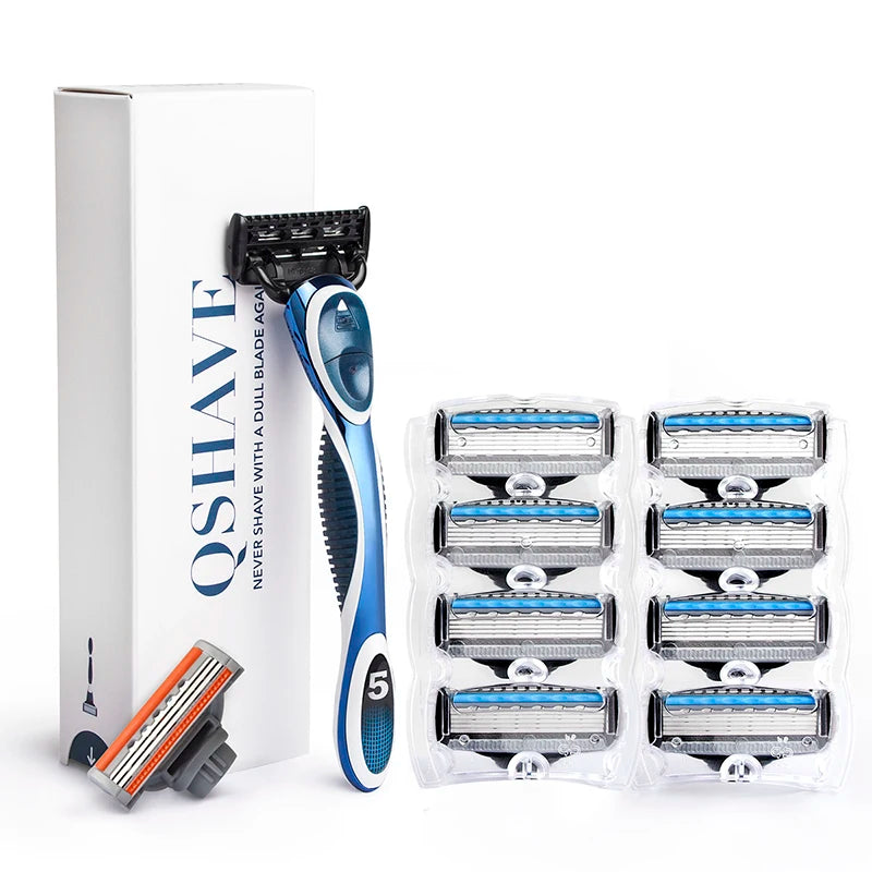 Men's Shaving Razor Kit with Handle & 10 Cartridges - Blue & Orange Blades