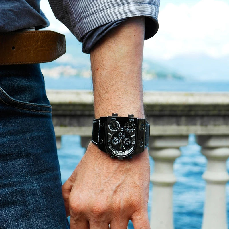 Men's Quartz Sports Watch with Leather Strap Multi-Time Zone Military Style