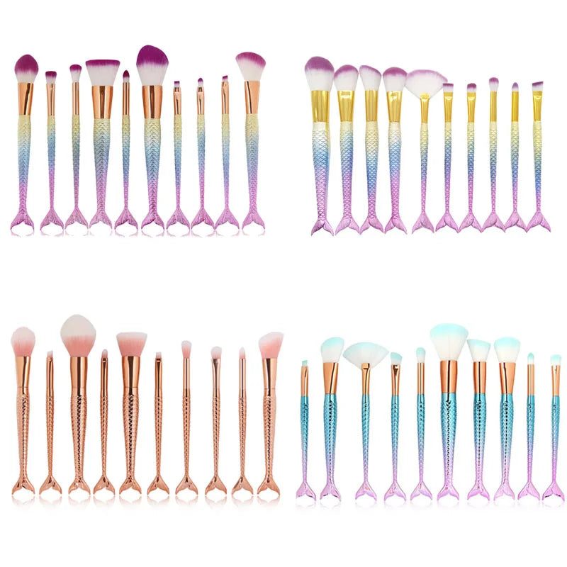 10 Pcs Makeup Brush Set with Cosmetic Tools for Face & Eyes - Black, Green, Red, Gray Handles