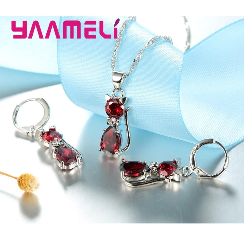 Sterling Silver Jewelry Set for Women and Girls with Cat Pendant and Earrings